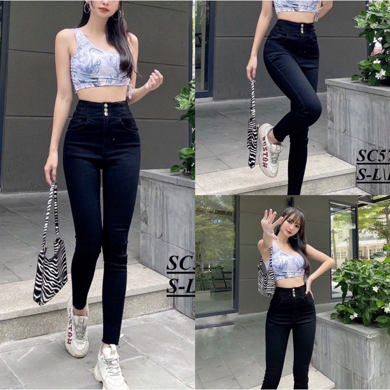 Quần Jean Nữ Aiori Skinny Dáng Dài Ôm Lưng Cao 3 Nút Màu Đen Tuyền Vải Cao Cấp Co Giãn Tốt Mềm Mịn Thoáng Mát_LNa