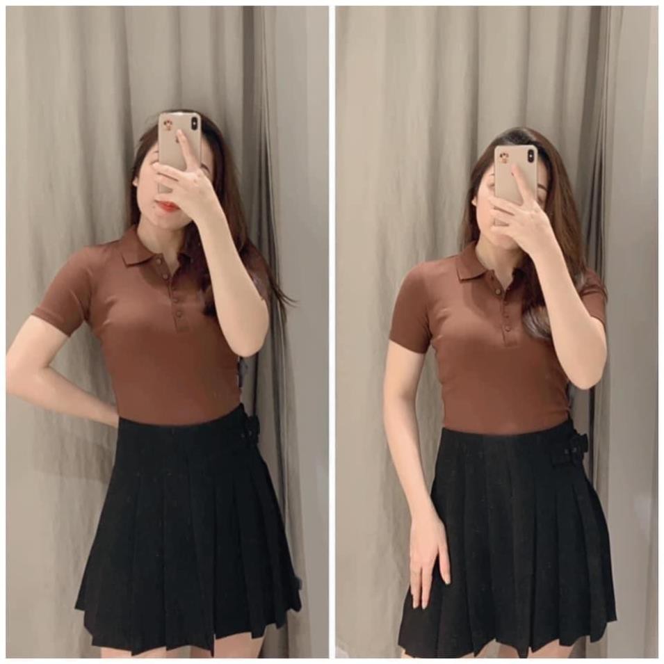 ZARA Đức - Áo polo dáng ngắn auth new tag croptop chính hãng màu xanh trắng nâu đen thun tay ngắn ôm body 👌