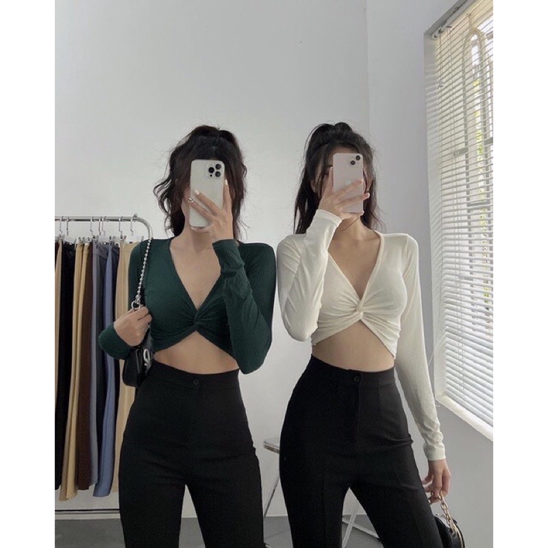 Áo Thun Kiểu Xoắn Ngực Tay Dài, áo croptop tay dài thời trang nữ A2171