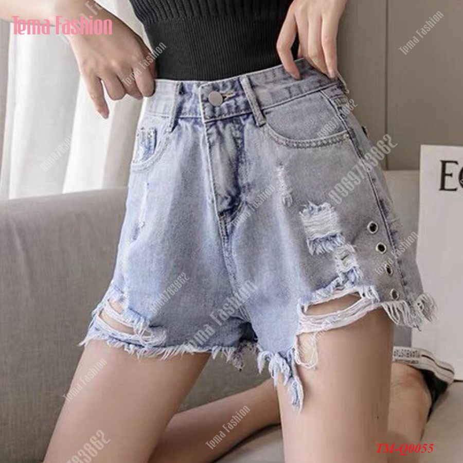 Quần short jean nữ TEMA - Quần đùi nữ jean xanh rách gấu có lỗ cách điệu siêu xinh