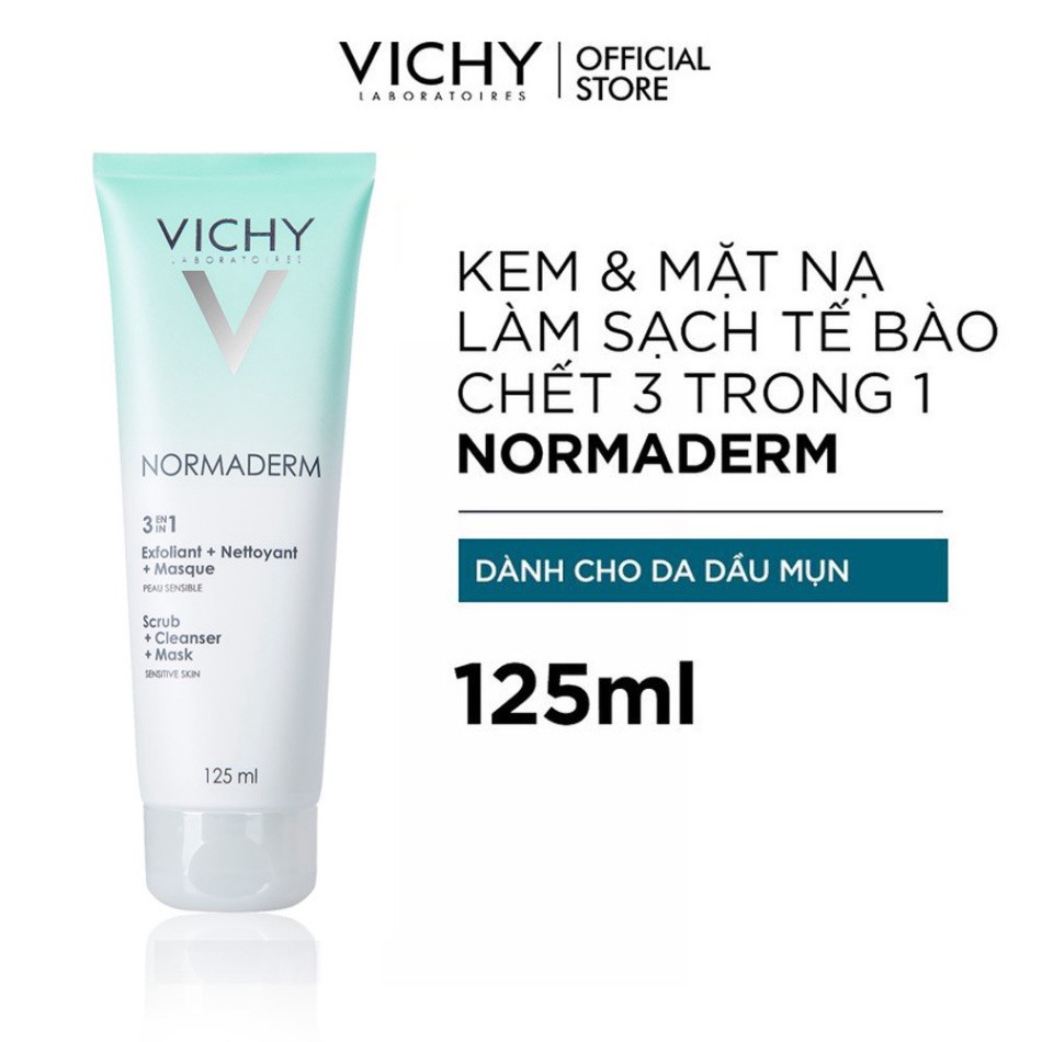 [CHÍNH HÃNG] Mặt nạ làm sạch tế bào chết dành cho da dầu mụn Vichy Normaderm 3 in 1 Scrub + Cleanser + Mask 125ml