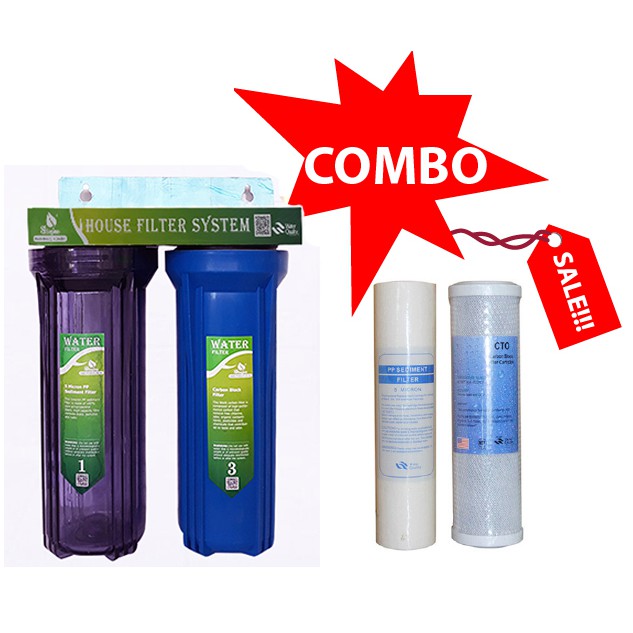 COMBO Bộ lọc nước sinh hoạt, Máy lọc nước,bộ lọc thô 2 cấp 10in + Bộ 2  lõi lọc PP và CTO