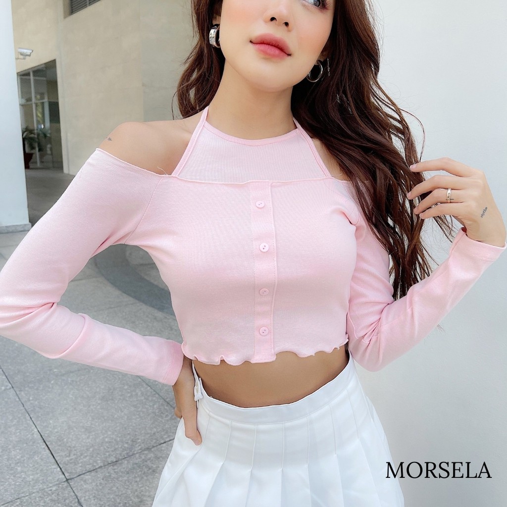 Áo croptop tay dài ôm body cột dây cổ yếm dáng trễ vai Sexy theo phong cách Hàn Quốc - Áo crop top nữ kiểu - Morsela