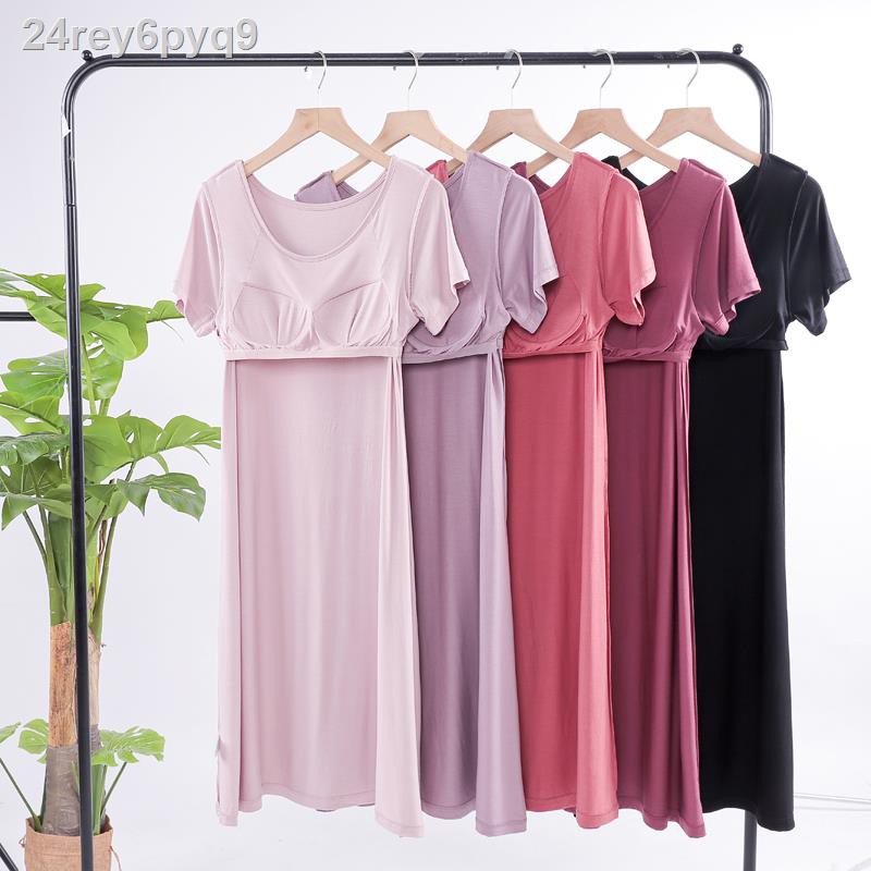 ✣▽☄2021 chiếc váy ngủ mặc nhà mới có đệm ngực áo miễn phí rời cỡ lớn nửa tay phương thức mùa xuân và hè ngắn