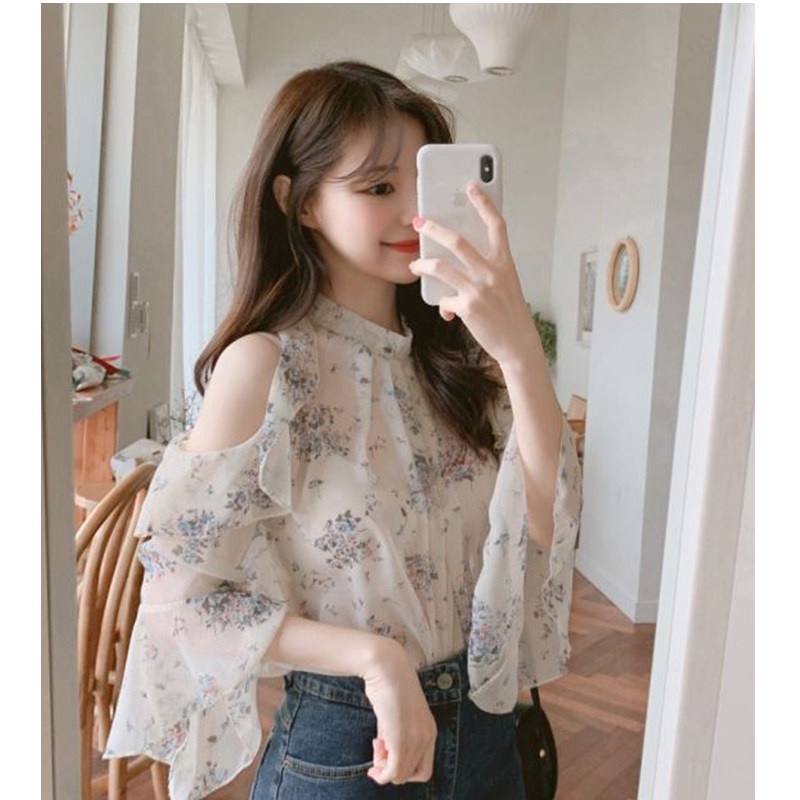 Áo Chiffon Trễ Vai Dáng Rộng Thoáng Khí In Họa Tiết Hoa Thanh Lịch Thời Trang Mùa Hè Cho Nữ