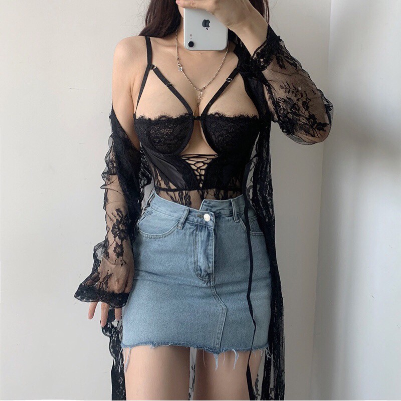 Bodysuit lưới đan dây ngực có gọng sexy (Ảnh thật)