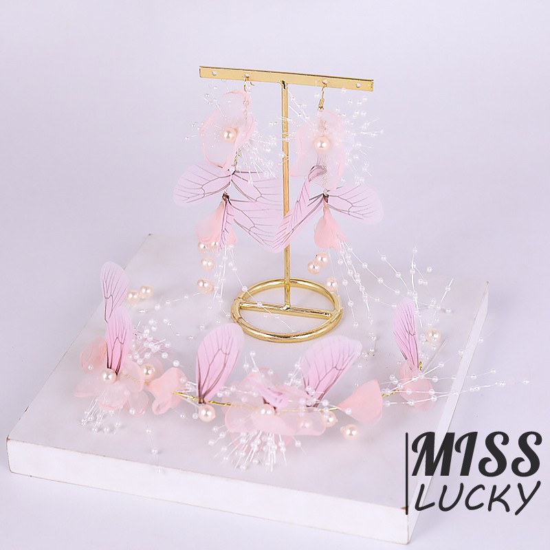 Set cài tóc+khuyên tai hoa đính ngọc trai hồng trang trí tóc cho cô dâu
