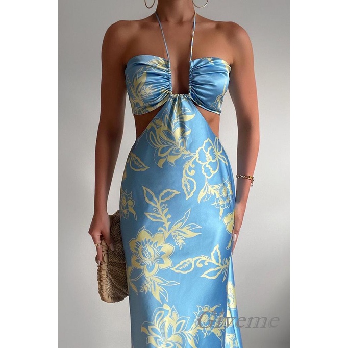 Tặng Váy Nữ Không Tay Buộc Dây Hở Lưng Họa Tiết Ngựa Vằn / Hoa Cắt Xẻ Một Mảnh