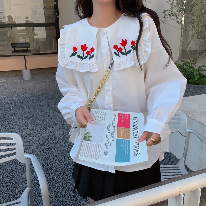 Áo sơ mi SUXI trắng tay dài dáng rộng thêu họa tiết phong cách Hàn Quốc thời trang mùa xuân cho nữ