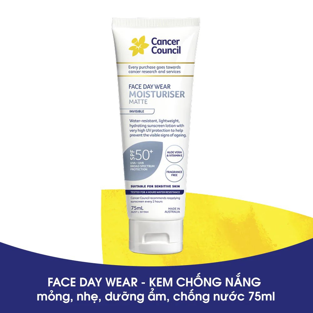 Kem Chống Nắng CANCER COUNCIL Face Day Moisturizer Invisible-Water chống nước SPF50+ UVA-UVB 75ml