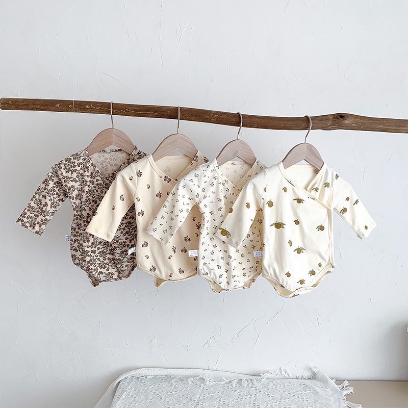 Mới Bộ Áo Liền Quần Tay Dài Chất Liệu Cotton In Họa Tiết Hoa Và Trái Cây Xinh Xắn Cho Bé Sơ Sinh