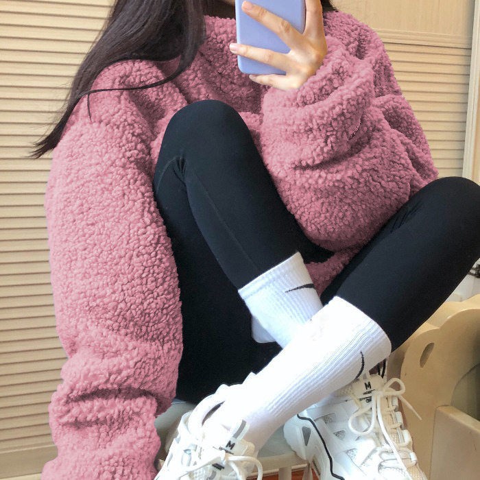 💗💜Hồng & Màu tía 💗💜Áo Khoác Len Lông Cừu Dày Dáng Rộng Phong Cách Hàn Quốc Thời Trang Thu Đông Dành Cho Nữ 2021