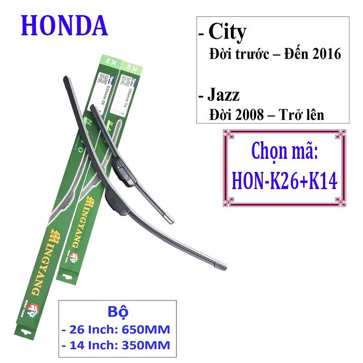 Bộ 2 thanh gạt mưa NANO cho CITY ĐỜI TRƯỚC - 2016. JAZZ 2008 - TRỞ LÊN: Và Các Xe Khác Hãng HONDA -Hàng cao cấp