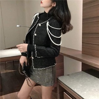 (SẴN) Áo dạ tweed đen viền cúc ngọc