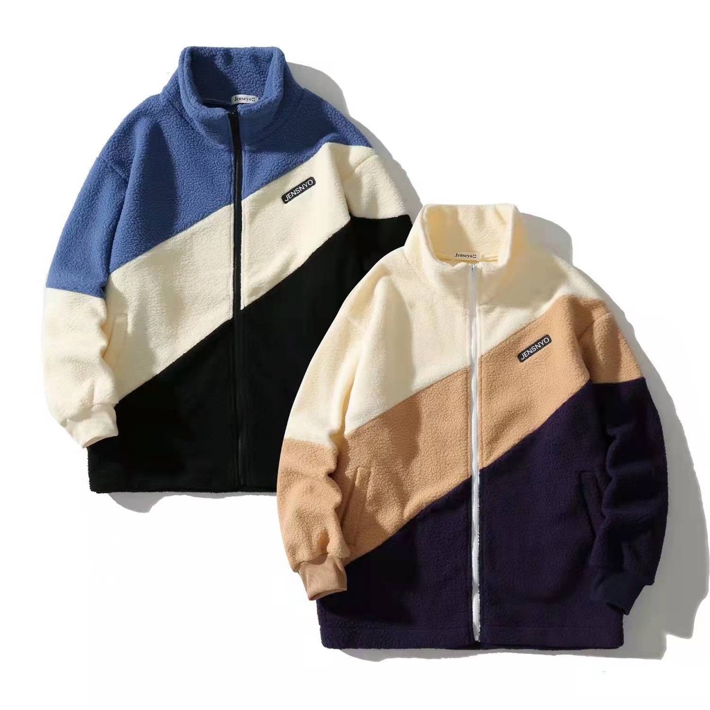 Áo khoác cotton len lông cừu dáng rộng cổ cao phối ba màu thời trang cho nam và nữ