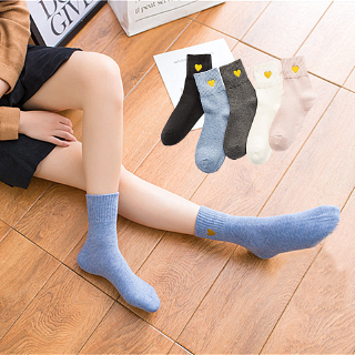 Casual Solid Color Love Heart Embroidery Crew Socks Women Girls Cute Cotton Students Short Tube Socks Thermal Slipper Socks