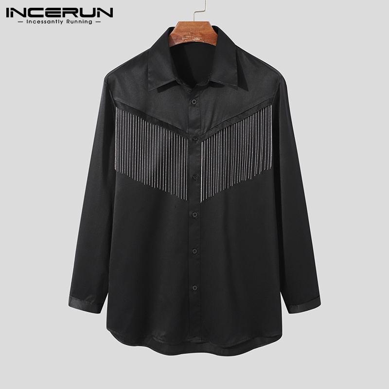 Áo sơ mi INCERUN tay dài cổ bẻ phối tua rua kim loại thời trang dành cho nam
