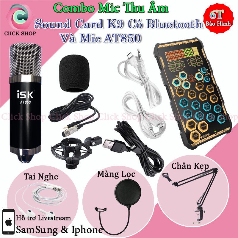Bộ Mic Thu Âm Livestream AT850 Và Sound Card k9 Có Autotune tích pin bluetooth đi kèm chân kẹp màng lọc tai nghe
