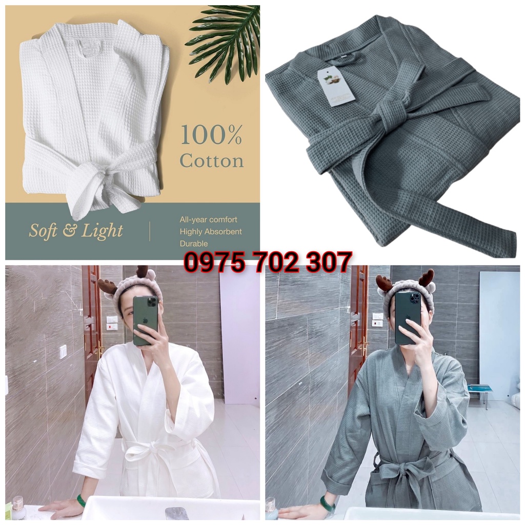 Áo choàng tắm khách sạn spa, đồ ngủ nữ nam dài tay cao cấp màu trắng và xám ...