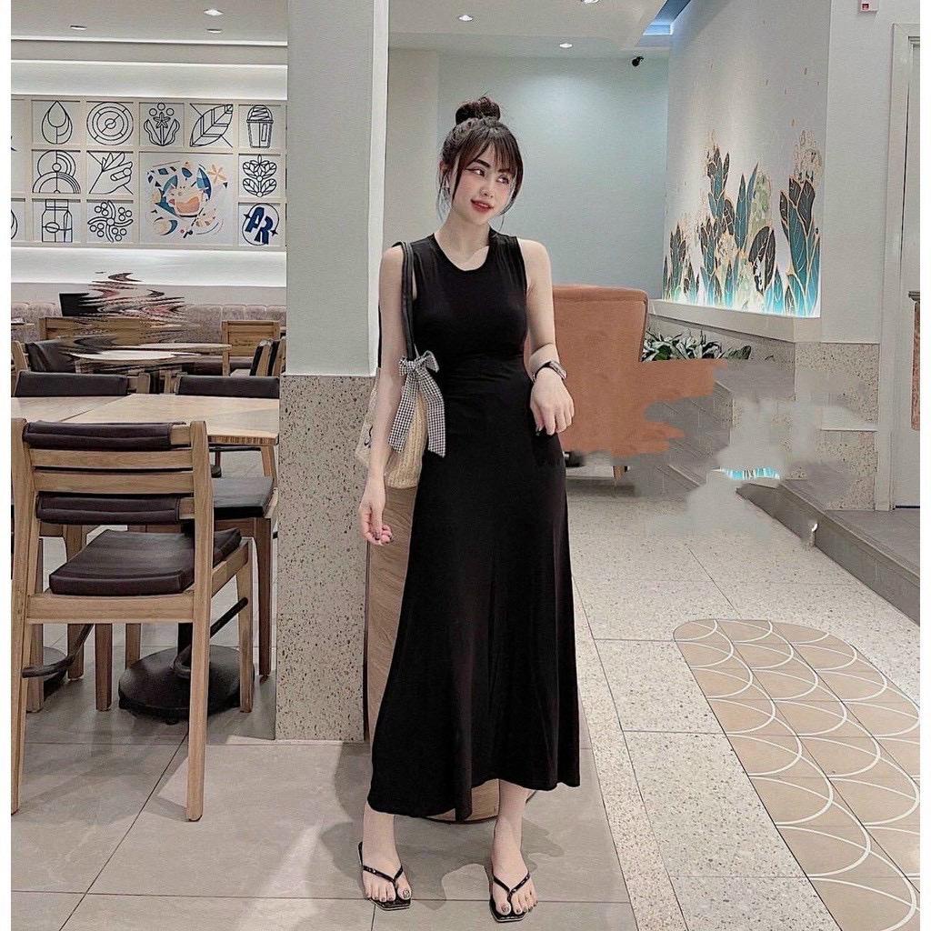 Đầm nữ đen dáng dài ba lỗ sát nách | Váy Maxi ba lỗ chất thun tăm co dãn dài qua gối
