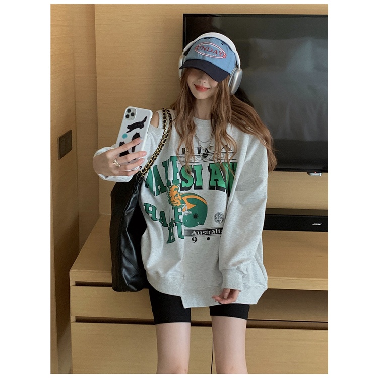 Áo Sweater Cổ Tròn Tay Dài Dáng Rộng In Họa Tiết Kiểu Retro Mỹ Thời Trang Cho Nữ