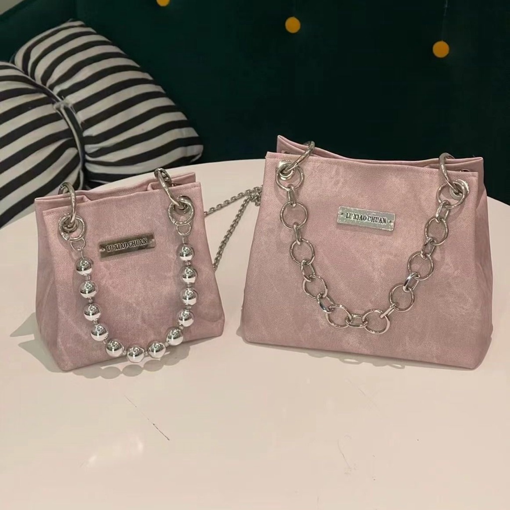 Túi Đeo Chéo Mini Tạo Hình Vuông Bằng Vải Denim Cao Cấp Phối Dây Đeo Sợi Xích Màu Hồng Xám Thời Trang Cho Nữ