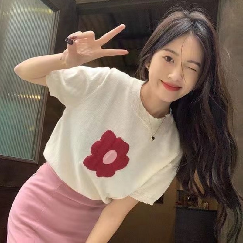 Áo dệt kim RENJIANVSHENG 175286 tay ngắn họa tiết hoa xinh xắn thời trang