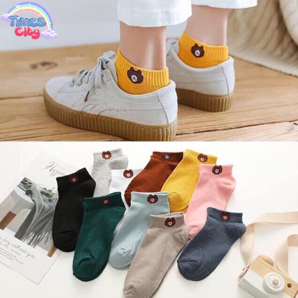 Set 10 Đôi Tất cổ ngắn nữ hình con gấu kèm túi dễ thương thấm hút mồ hôi tốt