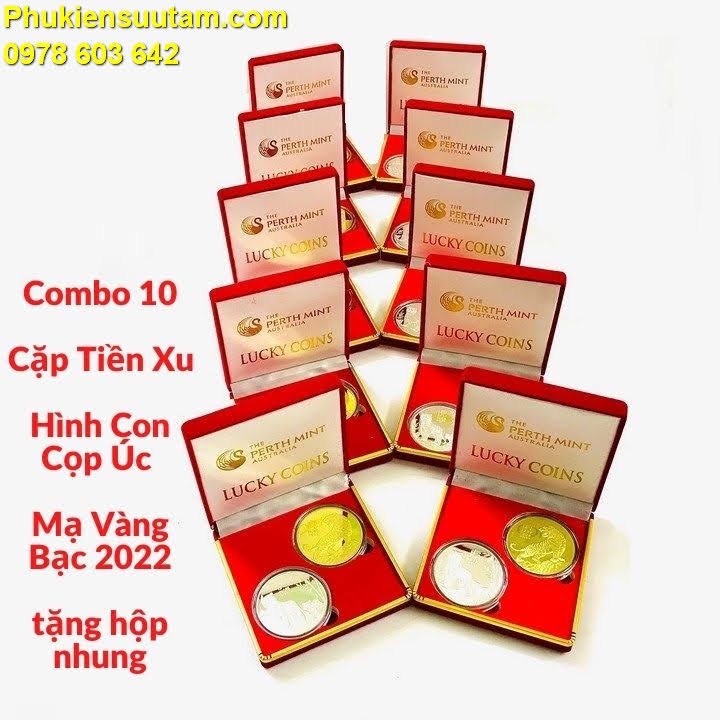 Combo 10 Cặp Tiền Xu Hình Con Cọp Úc Mạ Vàng Bạc 2022 tặng hộp nhung; Đường kính mỗi xu là 4cm- SP005501