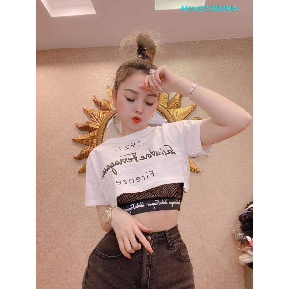 Áo croptop form rộng in chữ kèm áo hai dây lưới trong đáy thun in chữ siêu hot *