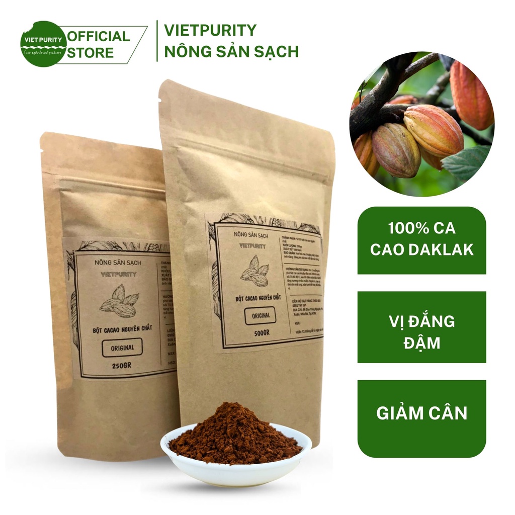 Bột cacao nguyên chất 500g Daklak không đường giảm cân Vietpurity