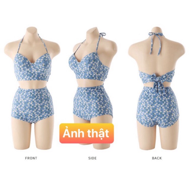 Bikini 2 Mảnh Họa Tiết Hoa Xanh LUHAZO Quảng Châu Chất Đẹp Quần Cạp Cao Áo Có Gọng Nâng V1  358&amp;298&amp;2391 A-24
