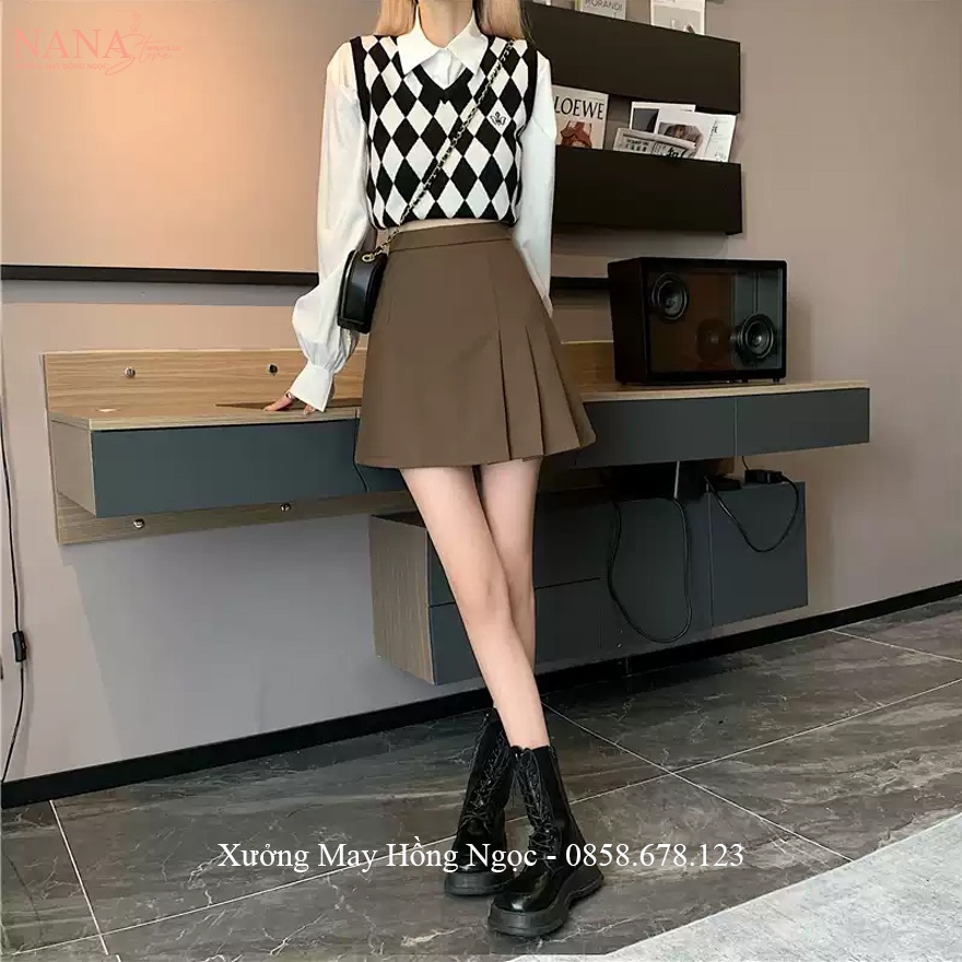 Chân váy chữ A lưng cao cách điệu 3 ly có quần lót trong dáng chân váy xếp ly chữ A công sở đi chơi biển vải co giãn nhẹ
