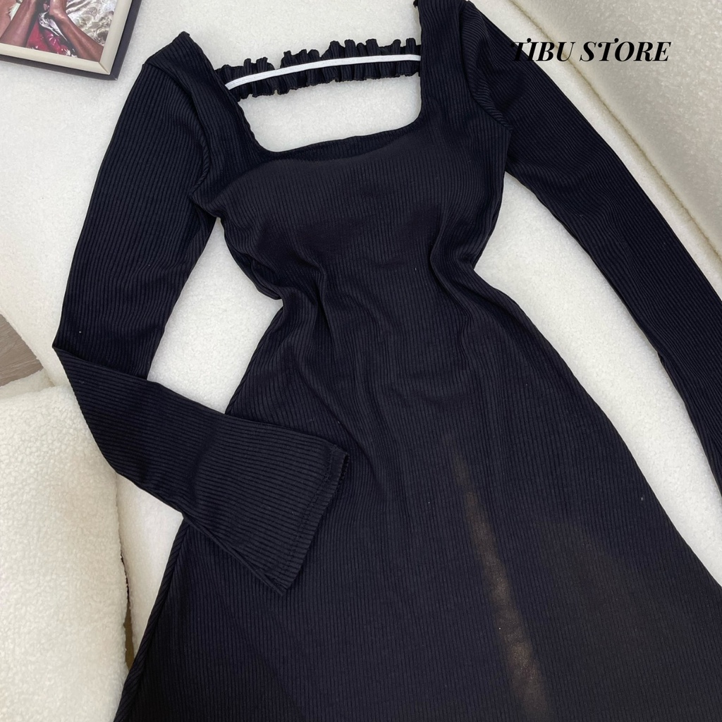 Đầm body nữ đen hở lưng tay dài TiBu, váy ôm dáng sexy cổ thuyền phối lưng dây xoắn mặc đi chơi, dự tiệc