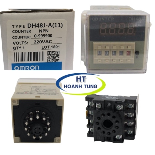 Bộ đếm 4 số tự động DH48J-11 từ 1 đến 999900 digital counter 11 chân tròn điện áp 220VAC kèm chân đế PF113A
