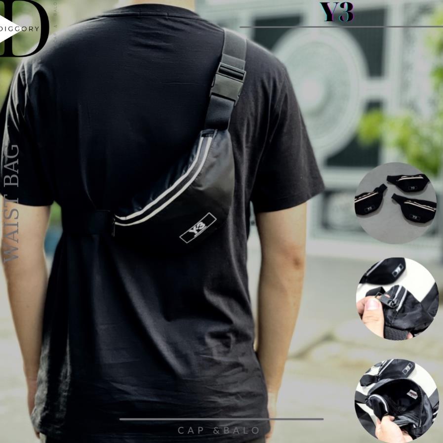 Túi bao tử Y3 chất liệu Polyeste chống thấm nước, logo in viền phản quang, quai bấm khoá kéo ép nhiệt