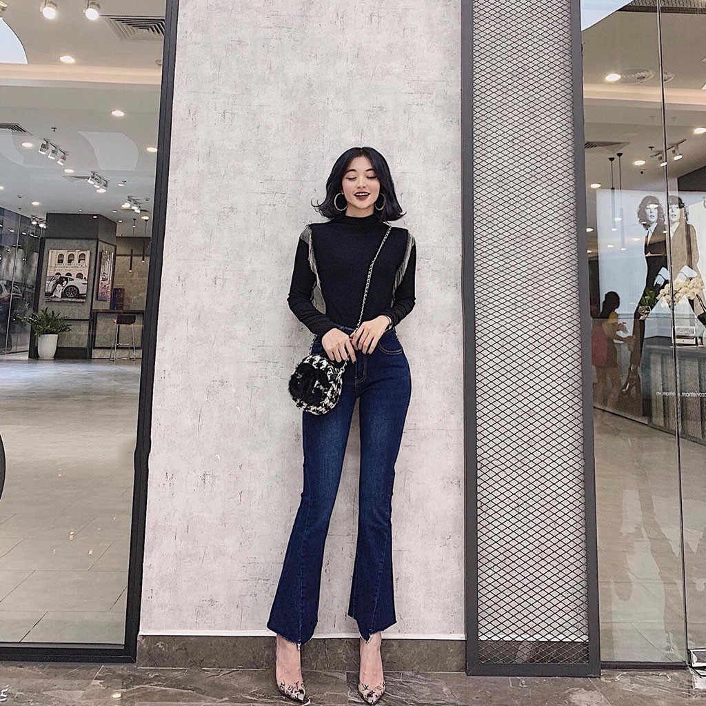 Quần Jean Ống Loe Lưng Cao Siêu Hot Vạt Xéo