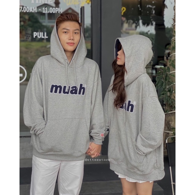Áo hoodie ET.TEE vải nỉ lót lót da cá màu xám kem freesize thêu Muah A1882 | BigBuy360 - bigbuy360.vn