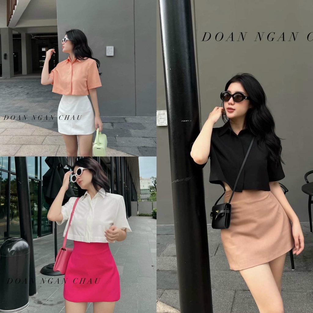 Sét áo và chân váy nữ áo kiểu sơ mi croptop kèm chân váy mini có lót trong