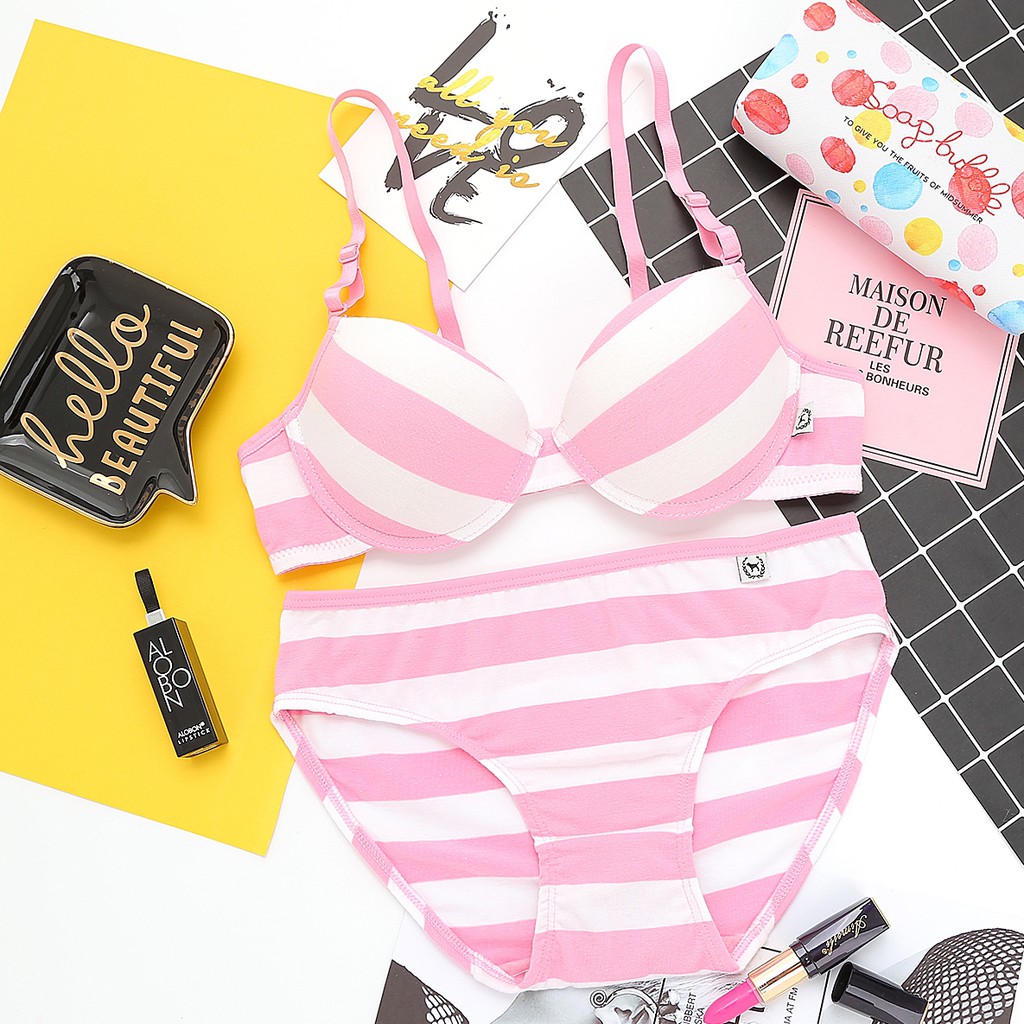 BỘ ĐỒ LÓT NỮ COTTON SỌC KẺ ĐỆM MỎNG CÓ GỌNG | BigBuy360 - bigbuy360.vn