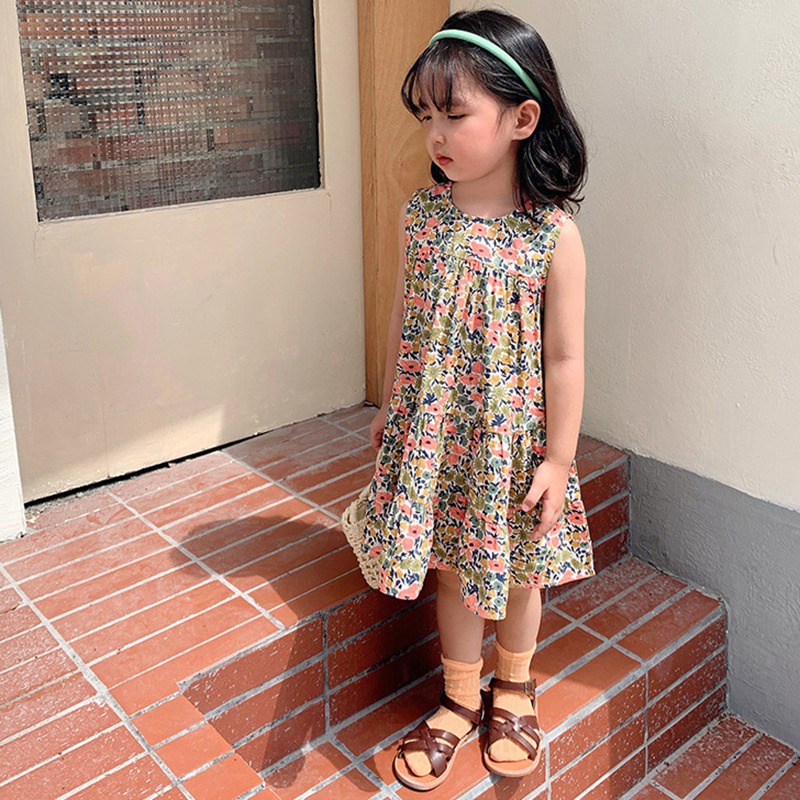 Đầm Chữ A Cổ Tròn In Họa Tiết Hoa Xinh Xắn Cho Bé Gái 3-8 Tuổi