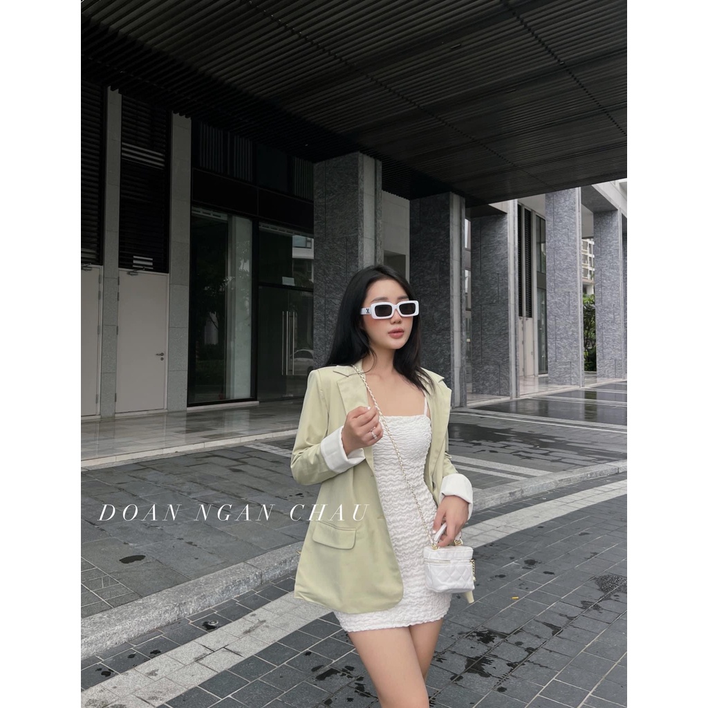 SET ĐẦM 2 DÂY BODY TRẮNG XỐP + ÁO VEST XANH MINT