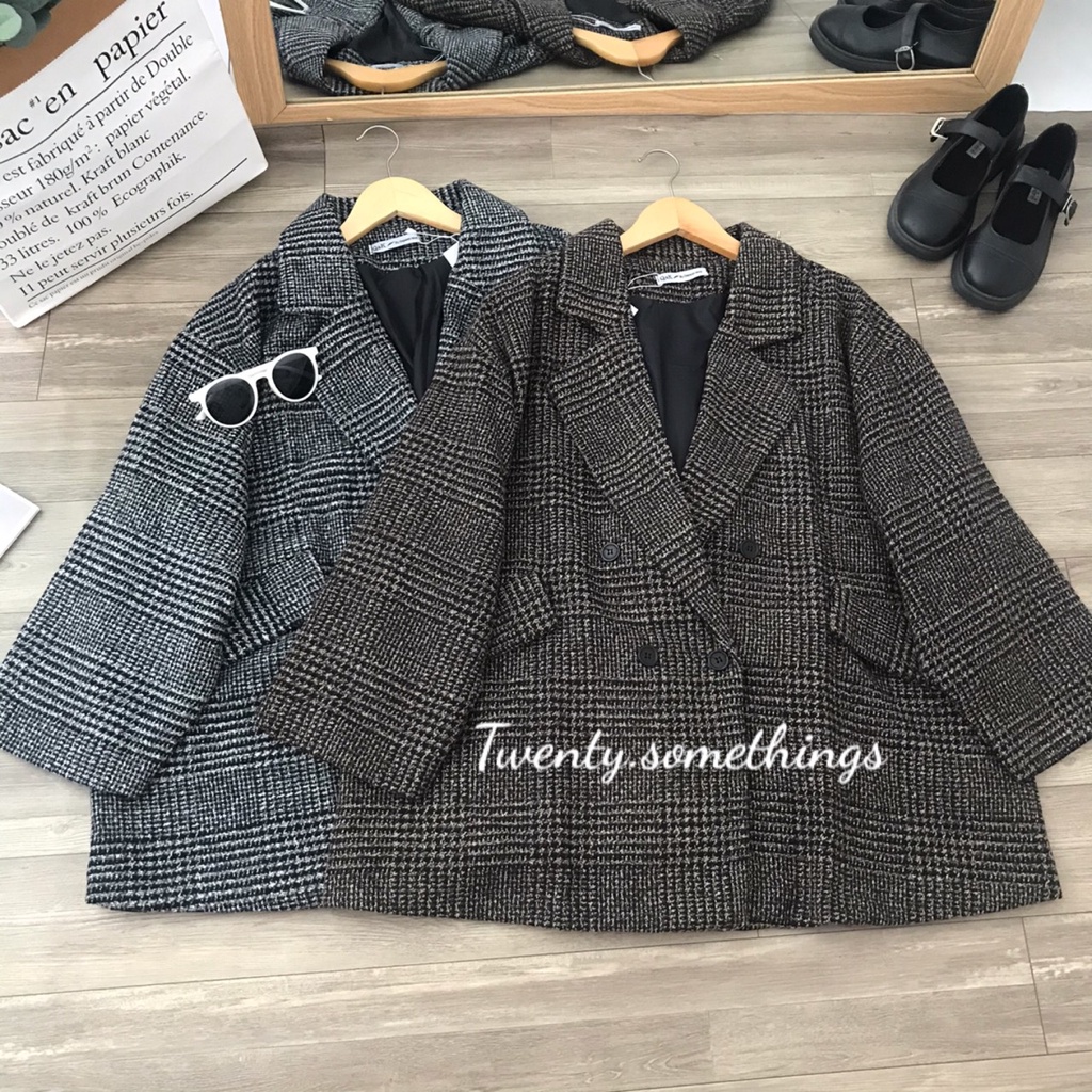 Áo Blazer Dạ Kẻ Oversize 2 Lớp Hàn Quốc (ảnh thật/sẵn/video)