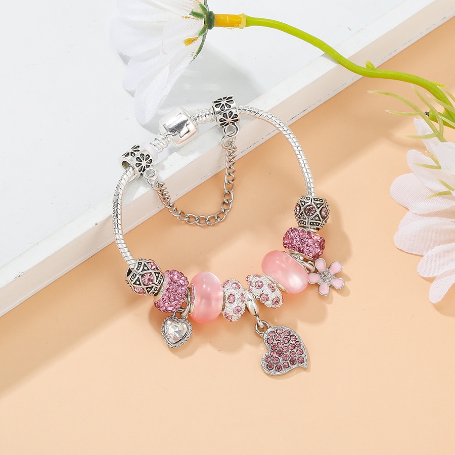 Vòng Tay Chuỗi Hạt Pha Lê Tròn Đính Trái Tim Màu Hồng Thời Trang Cho Nữ