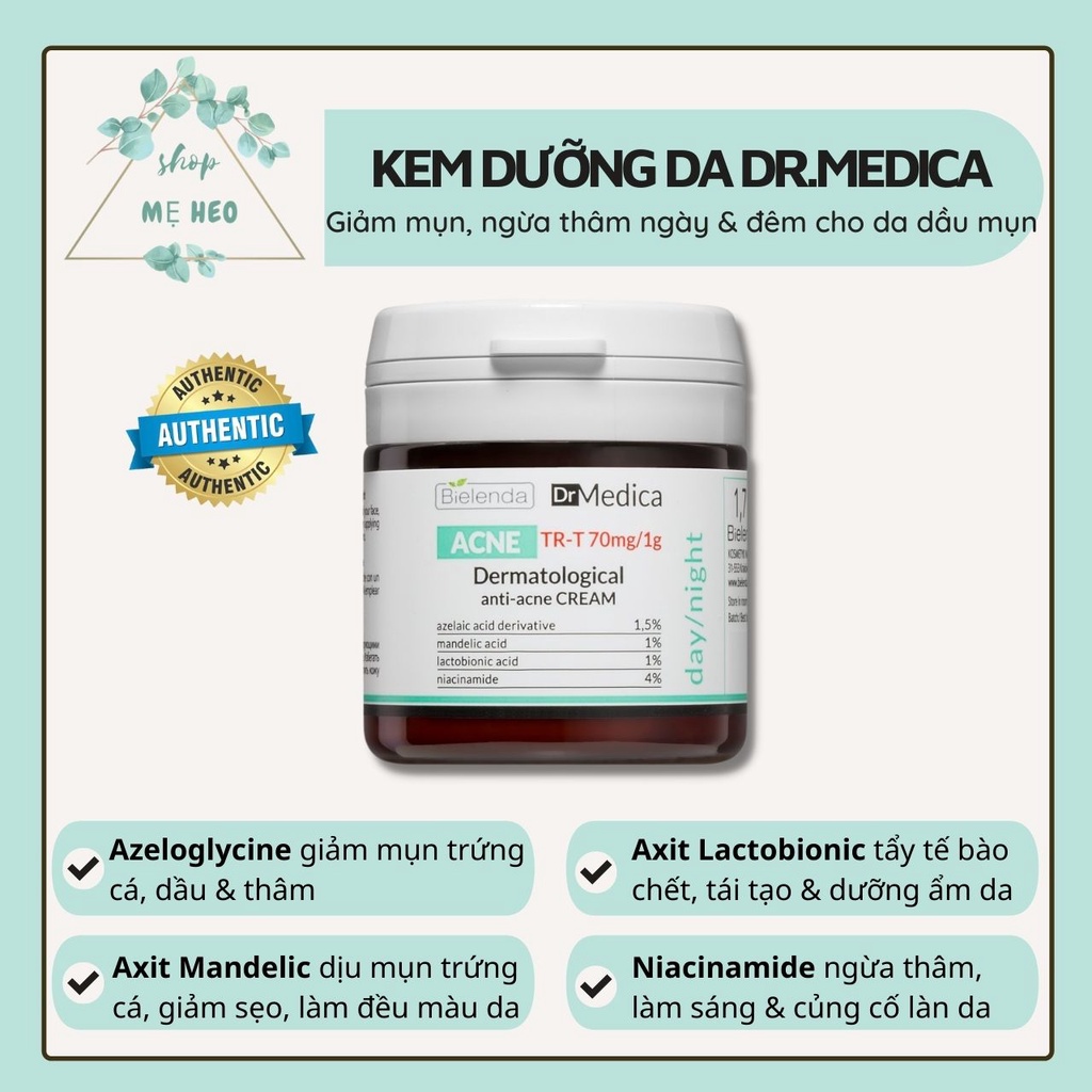 Kem dưỡng Bielenda Dr. Medica Anti-acne Dermatological giúp giảm mụn, mờ thâm, kem dưỡng dành cho da dầu mụn 50ml