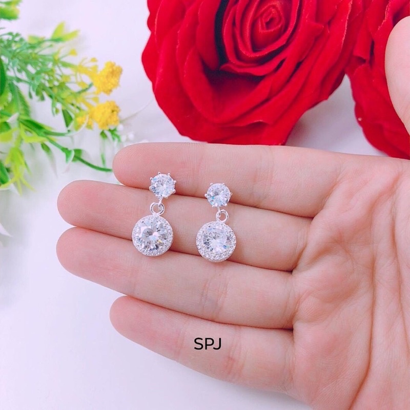 Bông tai nữ bạc thật gắn đá tròn sang chảnh - Kho sỉ bạc Nhất Linh