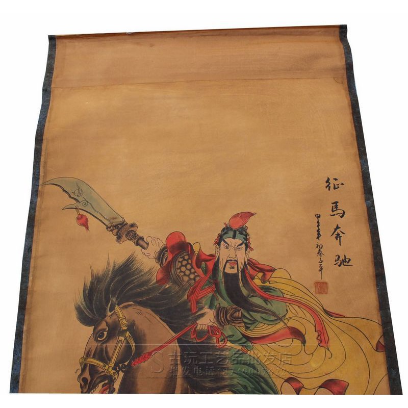 Tranh giả cổ CHINH MÃ BÔN TRÌ, Tranh giấy xuyến chỉ viền bo lụa size lớn 155 x 74cm