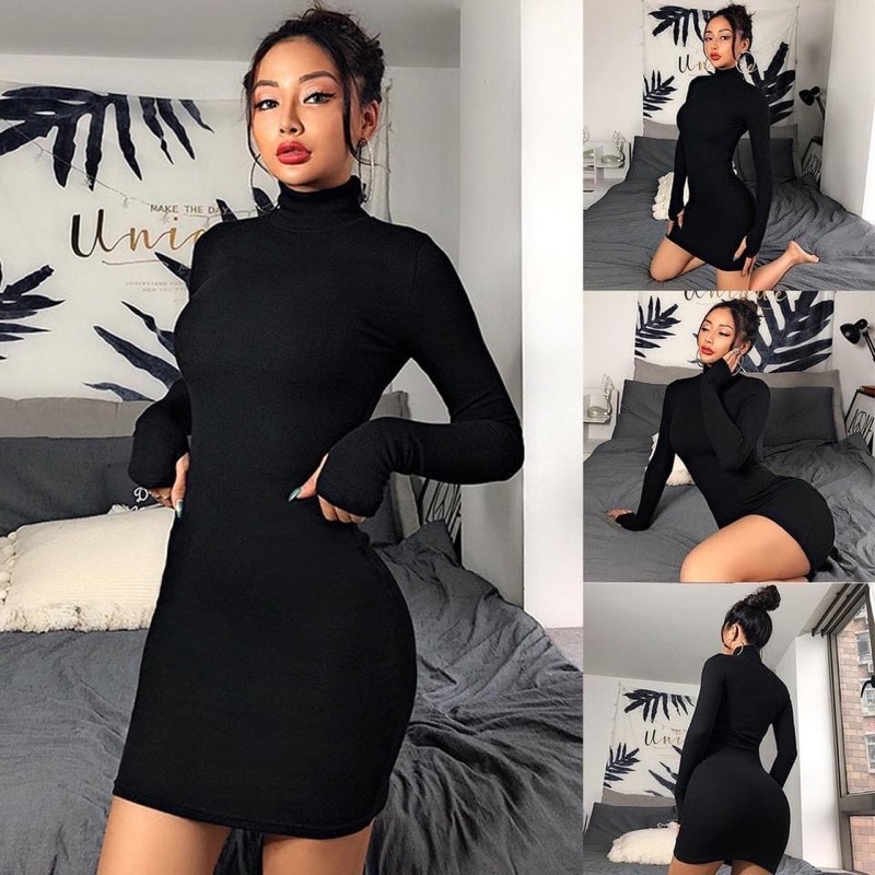 Đầm body cổ cao tay dài chất gân