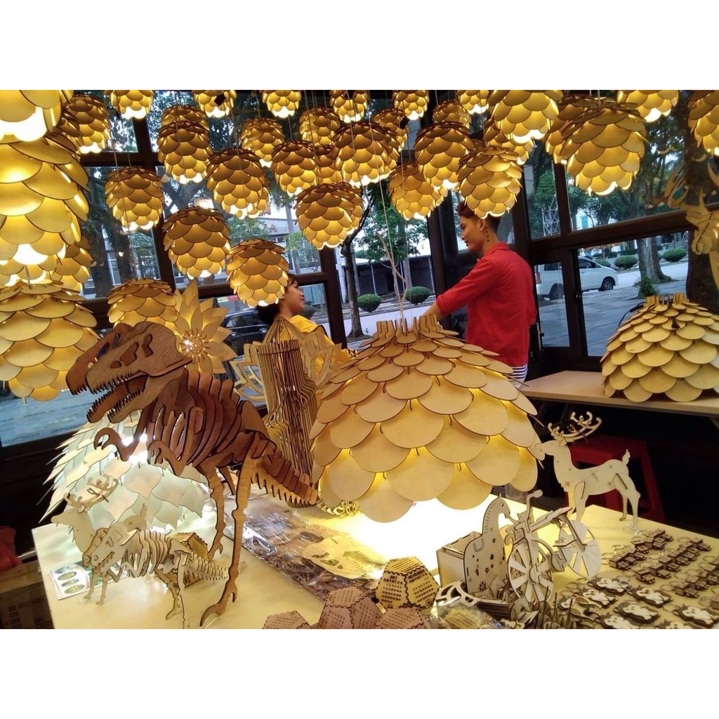 Đèn thả trần gỗ DIY dáng quả thông D27cm