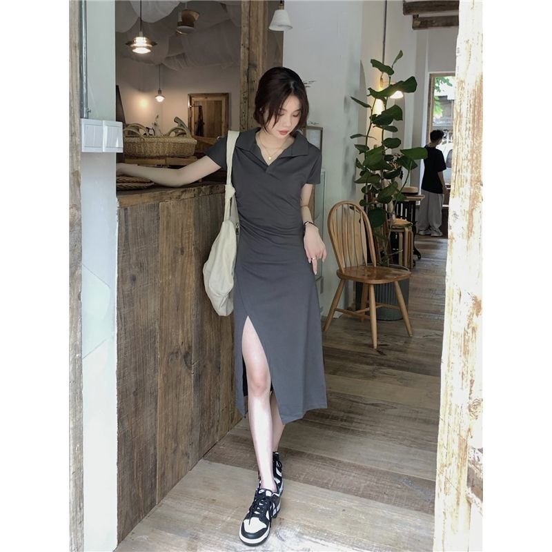 Đầm Dài Cổ polo Dáng Ôm Màu Xám Thời Trang Quyến Rũ Cho Nữ  tao bao